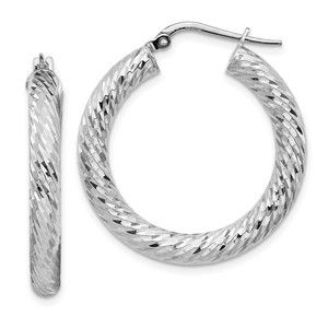 14k 4x20mm White Gold Diamond-cut Round Hoop Earrings